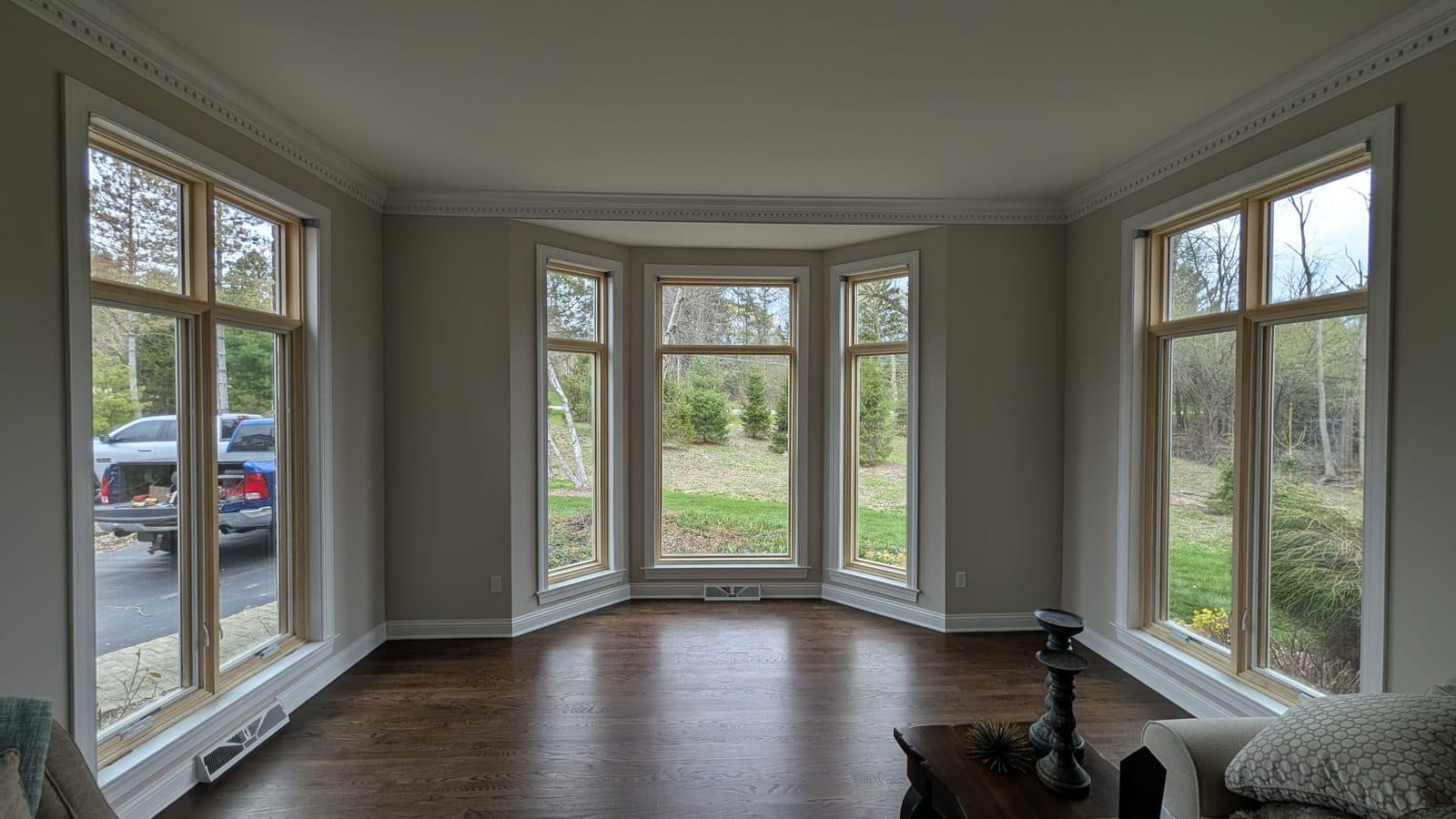 Bay window built from wood-interior casement windows in a Southeast Wisconsin living room